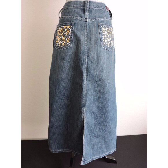 Neeso Jeans Denim Skirt Straight 34" Long Modest 15/16 Beaded Back Pockets EUC - Picture 4 of 11